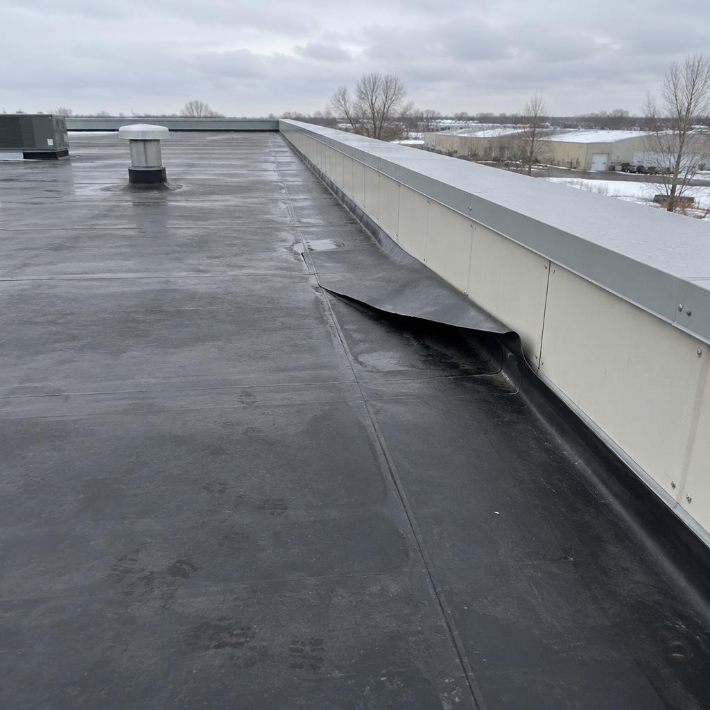 EPDM seam lifted near a parapet wall on a flat roof