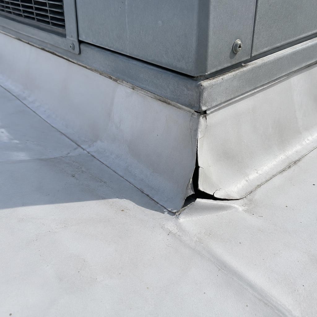 Cracked membrane flashing at an HVAC curb corner