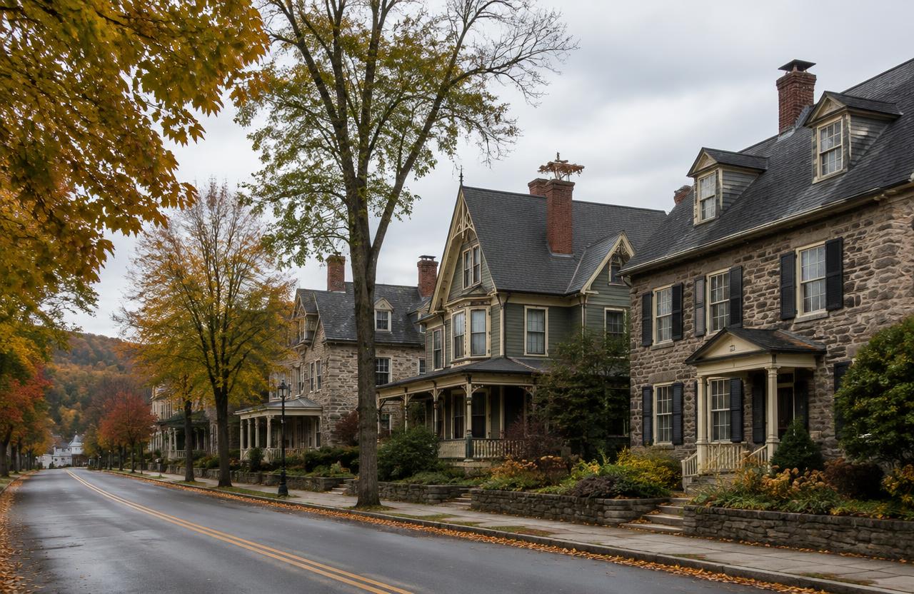 Older stone and siding homes with steep roofs along a tree-lined street in Collegeville, Pennsylvania