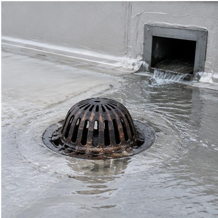 Commercial roof drain and scupper carrying water away