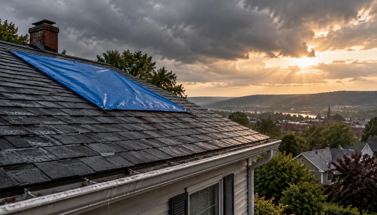 Emergency tarp protecting a wet Pottstown roof after a storm