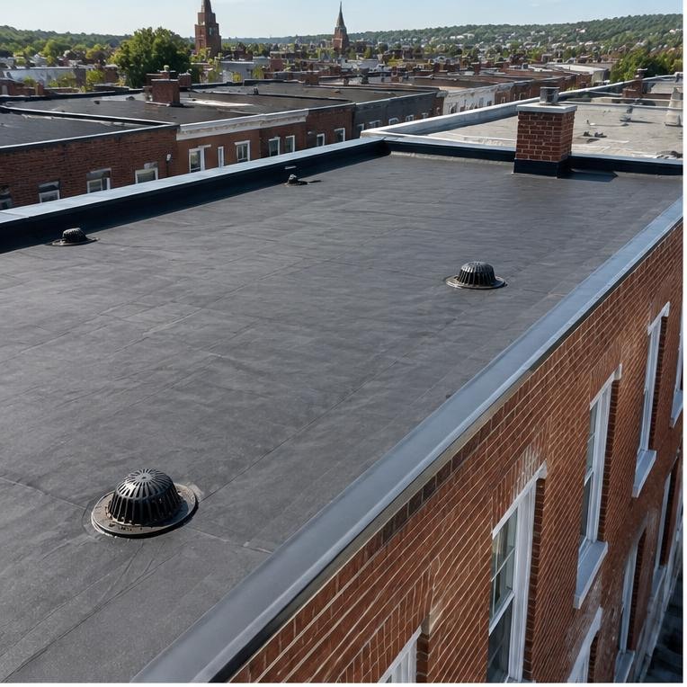 Low-slope membrane roof with drains and edge metal