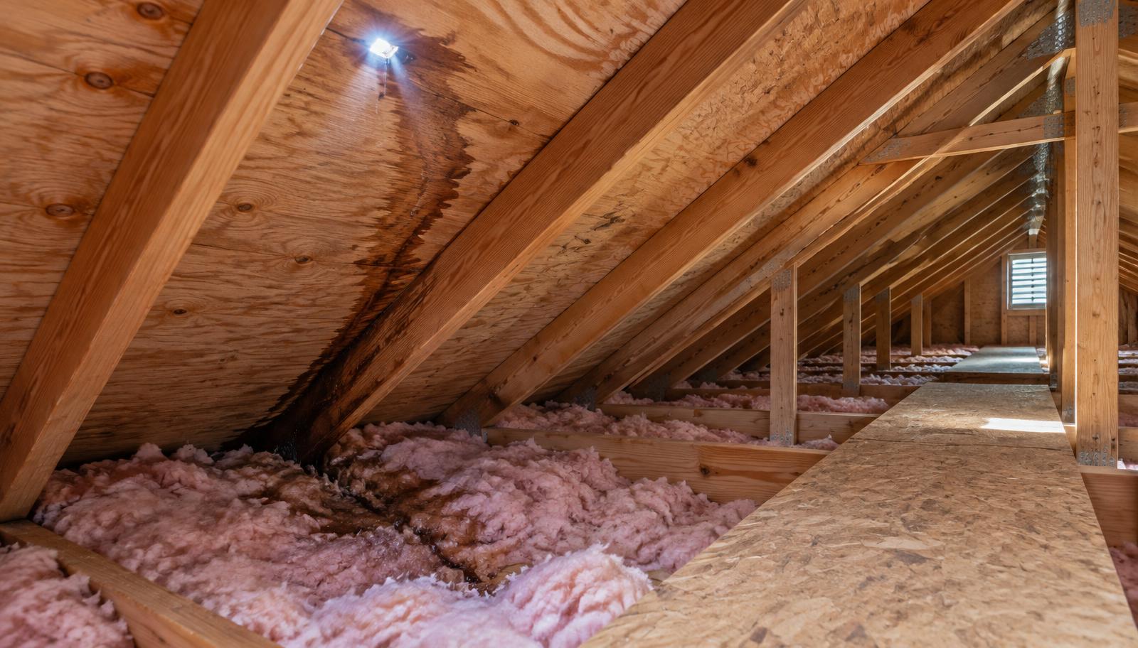 Attic water trail leading away from a small roof opening