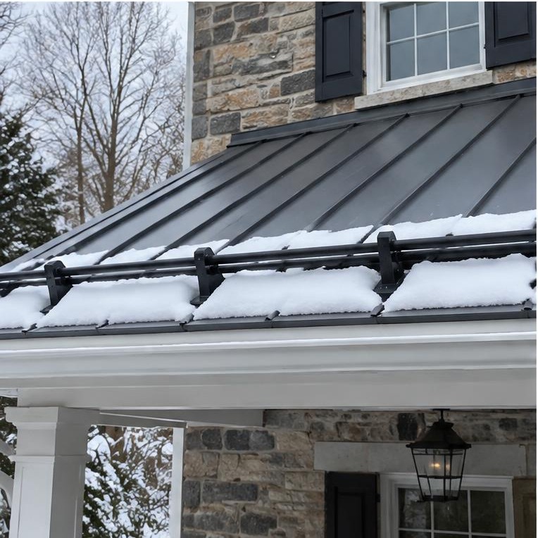 Snow retention rails on a standing-seam metal roof