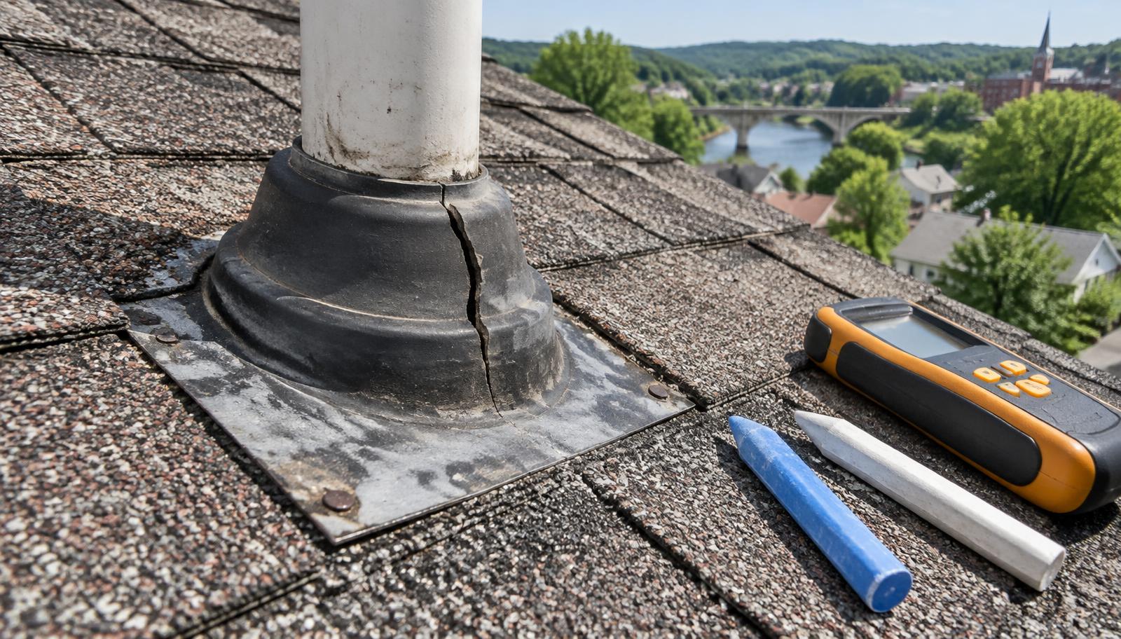 Cracked pipe boot being diagnosed on a Pottstown shingle roof