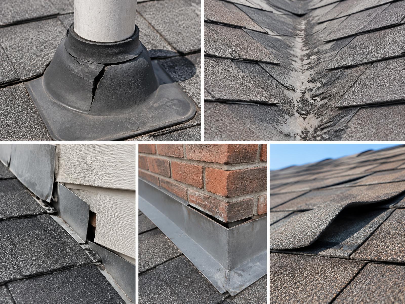 Close-up of cracked roof flashing and worn shingles