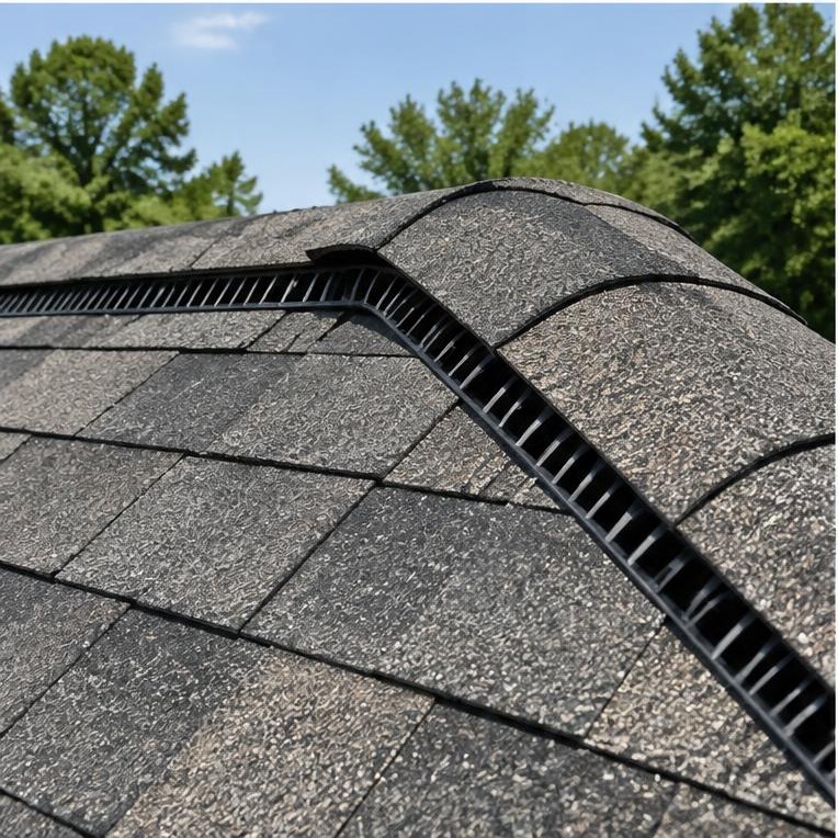 Shingle ridge vent detail for balanced attic airflow