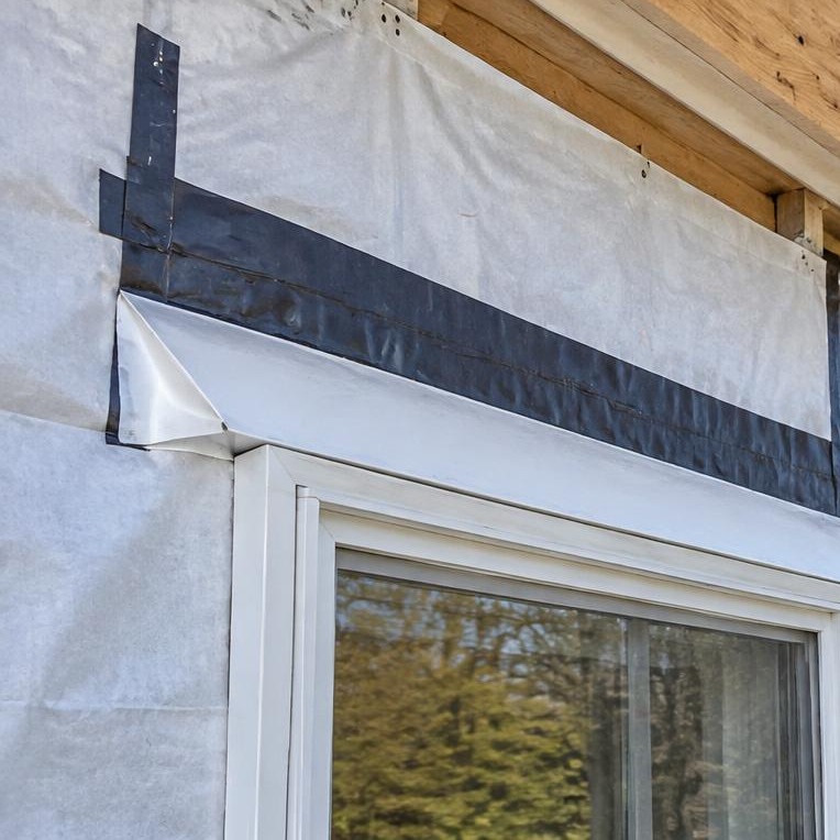 Housewrap and head flashing layered above a window
