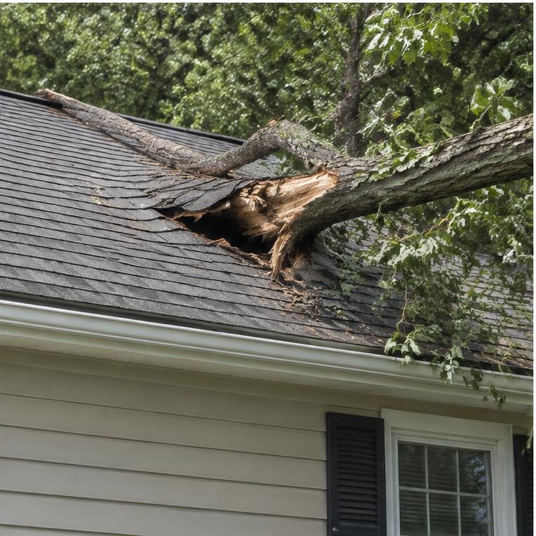 Tree limb impact damage on a shingle roof